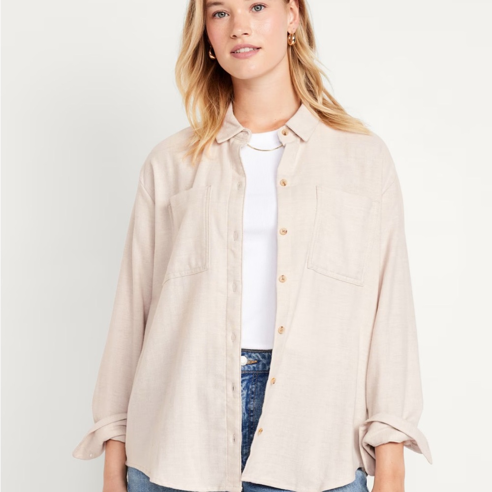 Old Navy Oversized Cream Flannel Button-Up Shirt sz L
